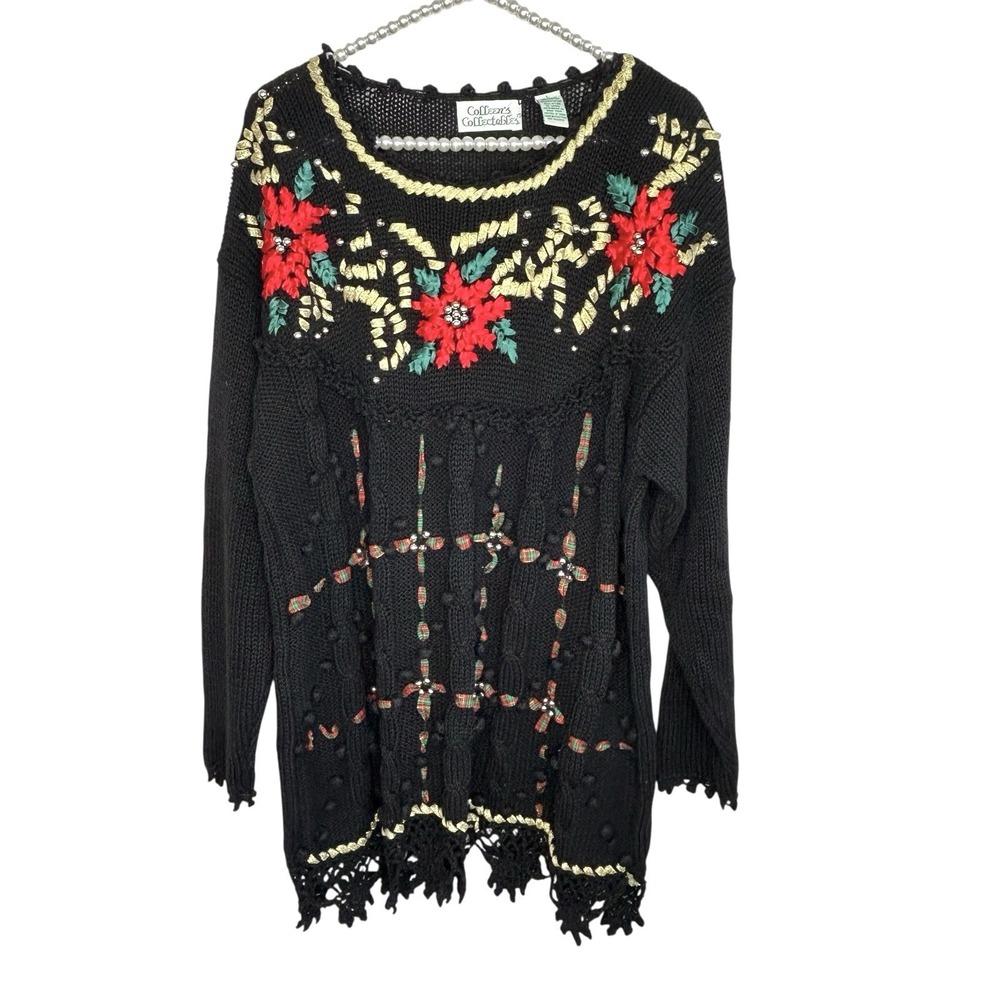 VTG Colleens Collectibles Christmas Hoilday Sweater Large Granny Crochet Beading